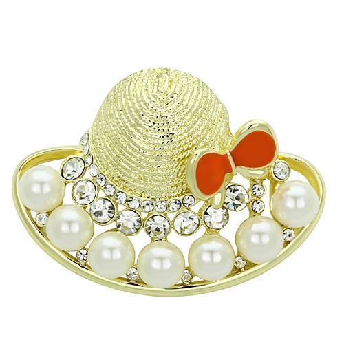 JCE2764 Flash Gold White Metal Brooches with Synthetic Pearl in White