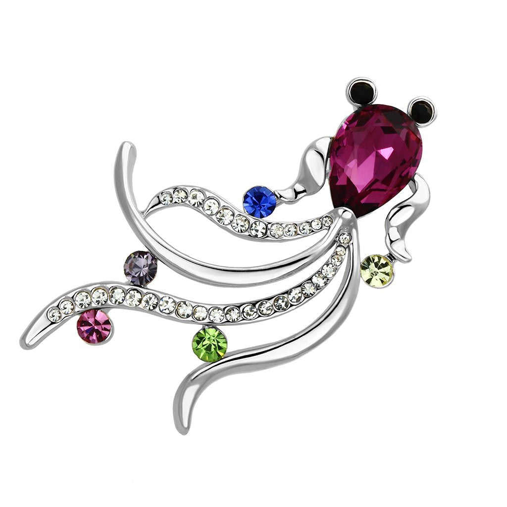 JCE2905 Flash Rose Gold White Metal Brooches with Synthetic Glass Bead in Fuchsia