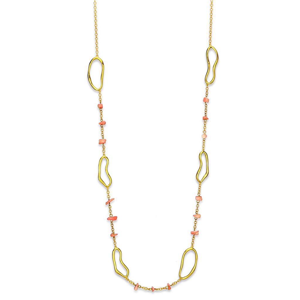 JCE3340 Gold Brass Necklace with Semi-Precious Coral in Rose