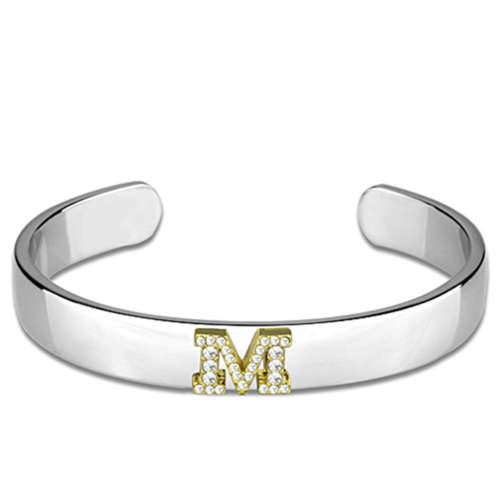 JCE3624 Reverse Two-Tone White Metal Bangle with Top Grade Crystal  in Clear