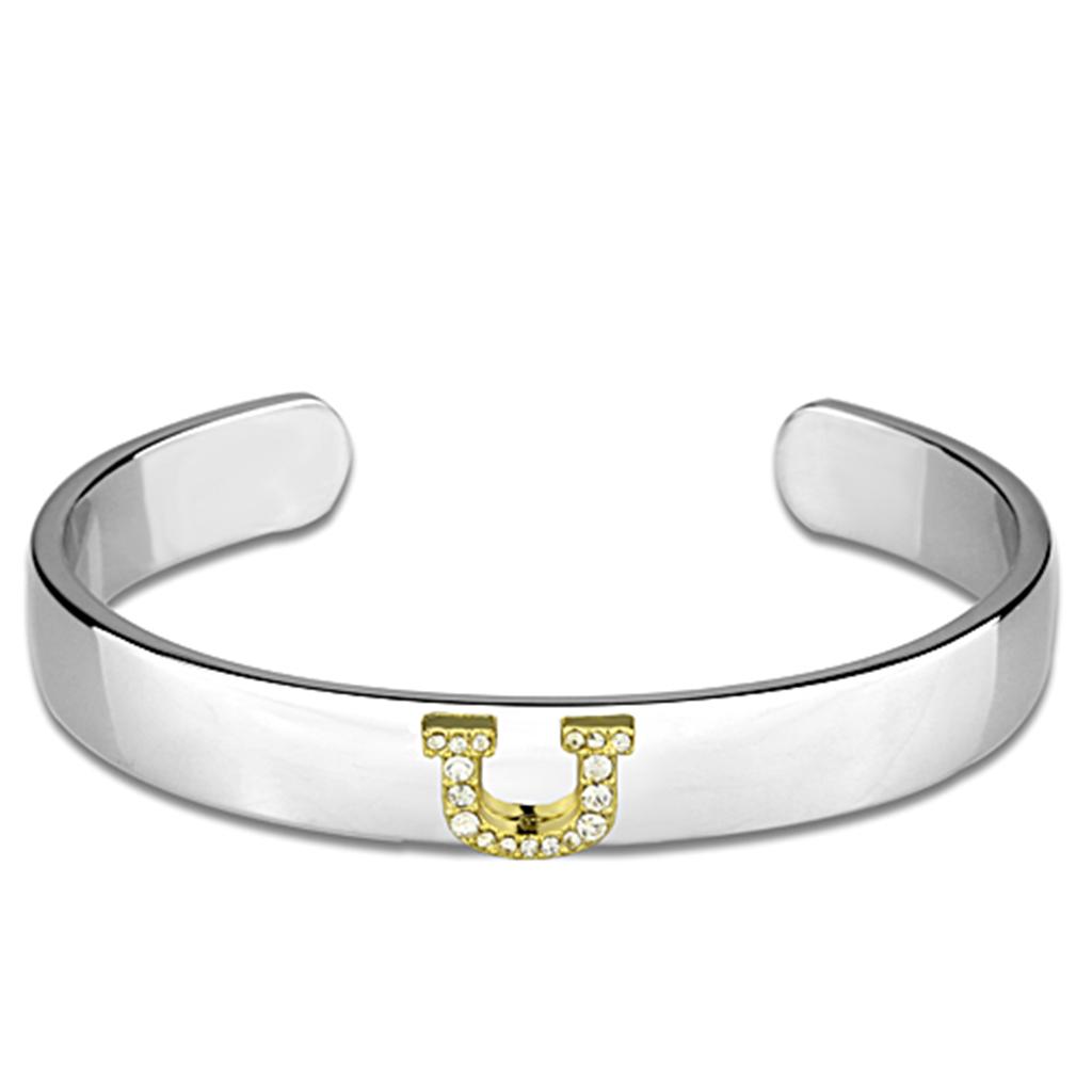 JCE3631 Reverse Two-Tone White Metal Bangle with Top Grade Crystal  in Clear