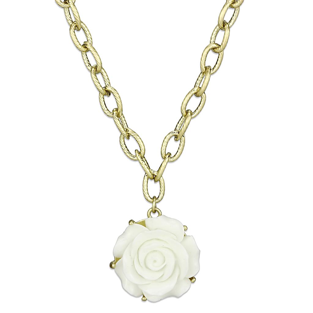 JCE3661 Gold & Brush Brass Necklace with Synthetic Synthetic Stone in White