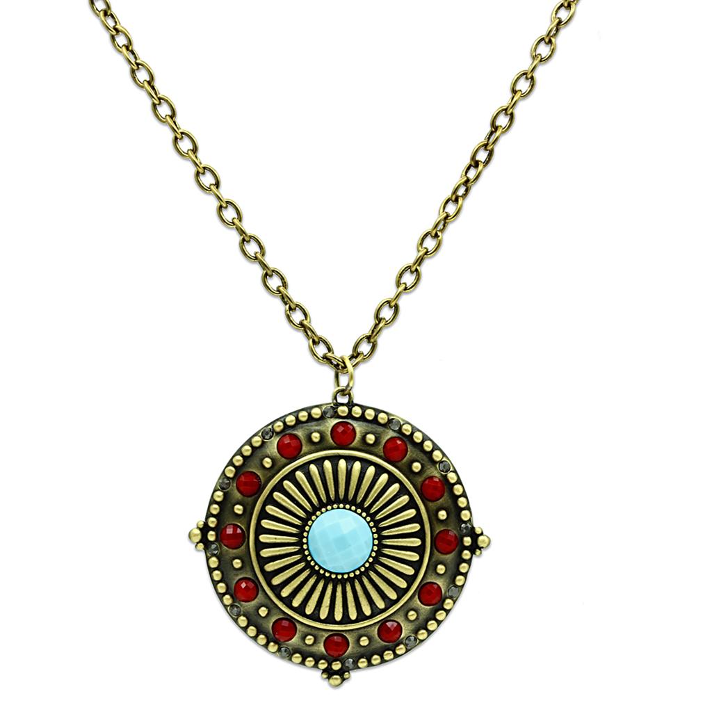 JCE3838 Antique Copper Brass Chain Pendant with Synthetic Synthetic Glass in Sea Blue