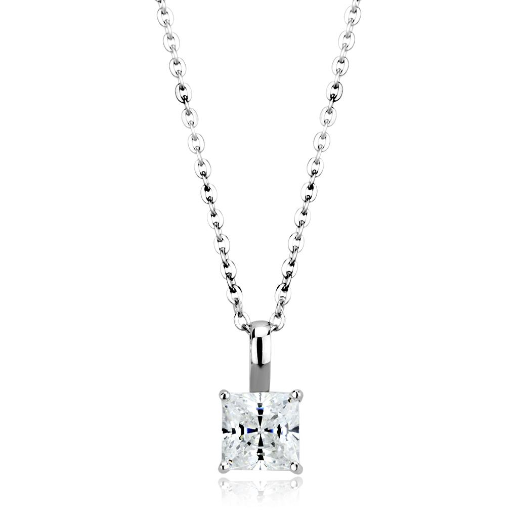 JCE4174 Rhodium Brass Chain Pendant with AAA Grade CZ  in Clear