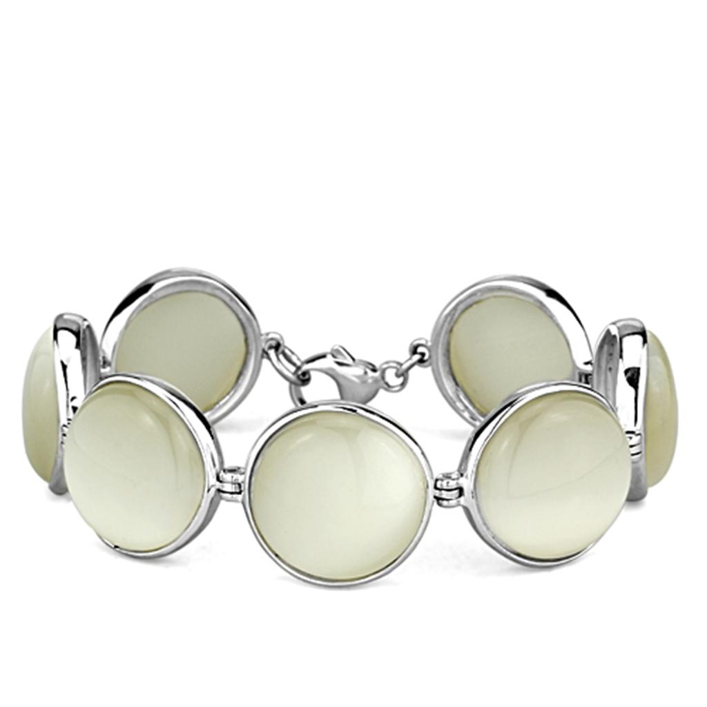 JCES762 High-Polished 925 Sterling Silver Bracelet with Synthetic Cat Eye in White