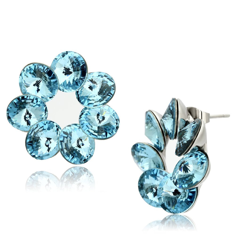JCE1044 High polished (no plating) Stainless Steel Earrings with Top Grade Crystal  in Sea Blue