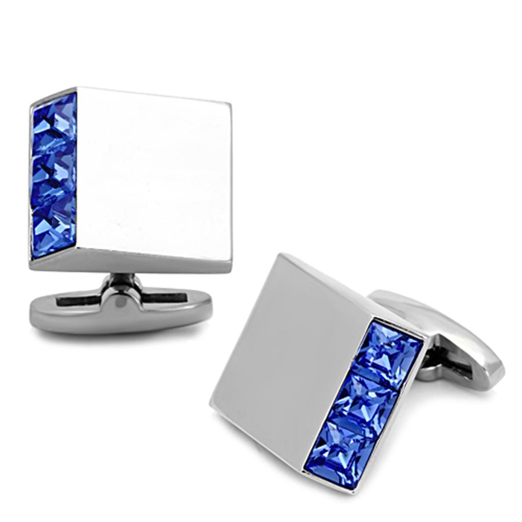 JCE1251 High polished (no plating) Stainless Steel Cufflink with Top Grade Crystal  in Sapphire