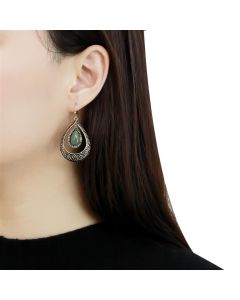 JCE2576 IP Gold(Ion Plating) Stainless Steel Earrings with Semi-Precious Jade in Emerald