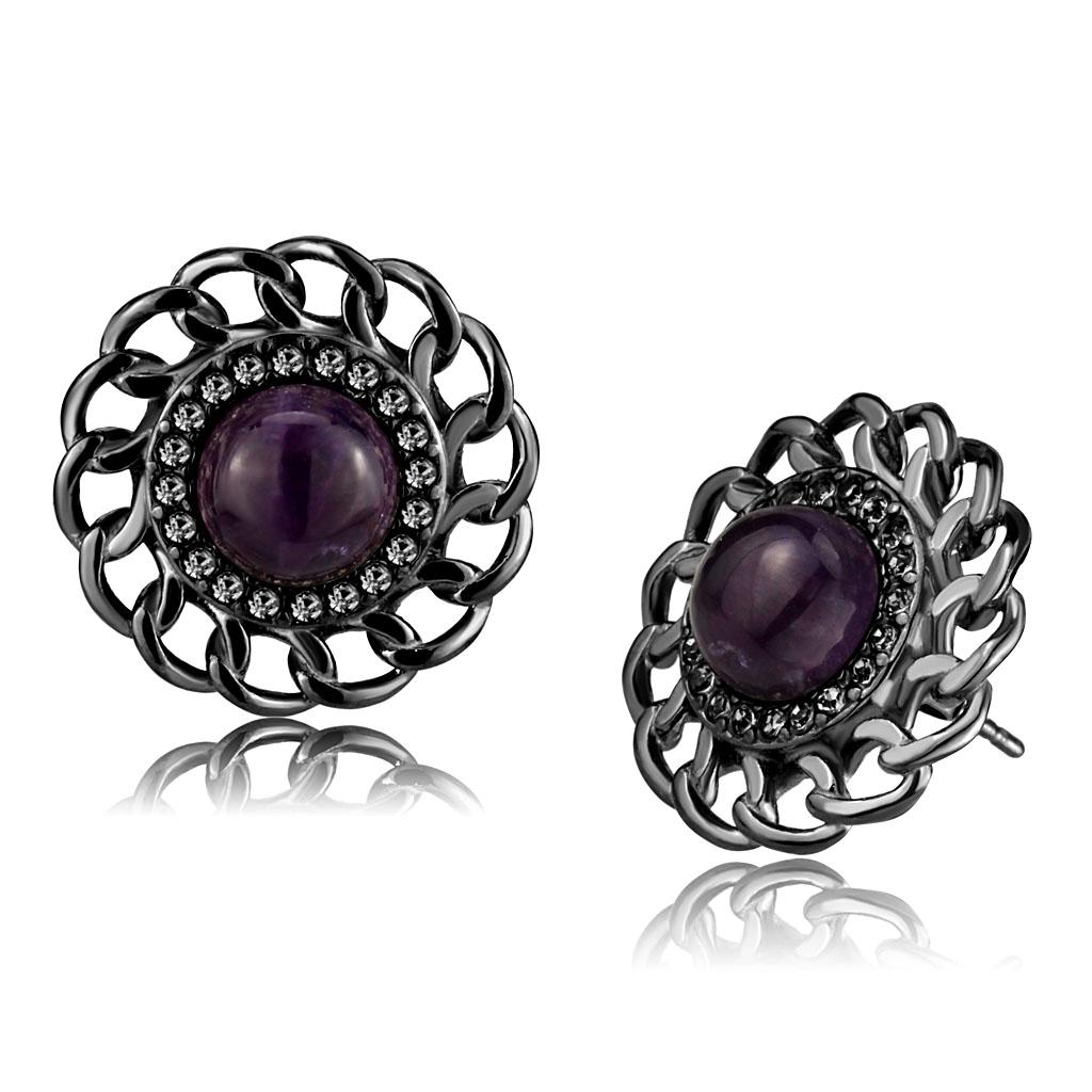 JCE2889 IP Light Black  (IP Gun) Stainless Steel Earrings with Semi-Precious Amethyst Crystal in Amethyst