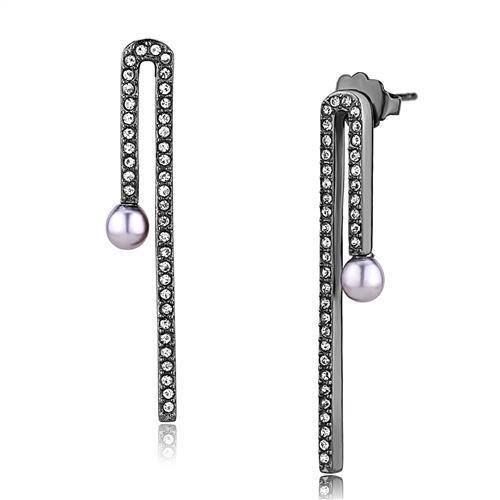 JCE3161 IP Light Black  (IP Gun) Stainless Steel Earrings with Synthetic Pearl in Light Amethyst
