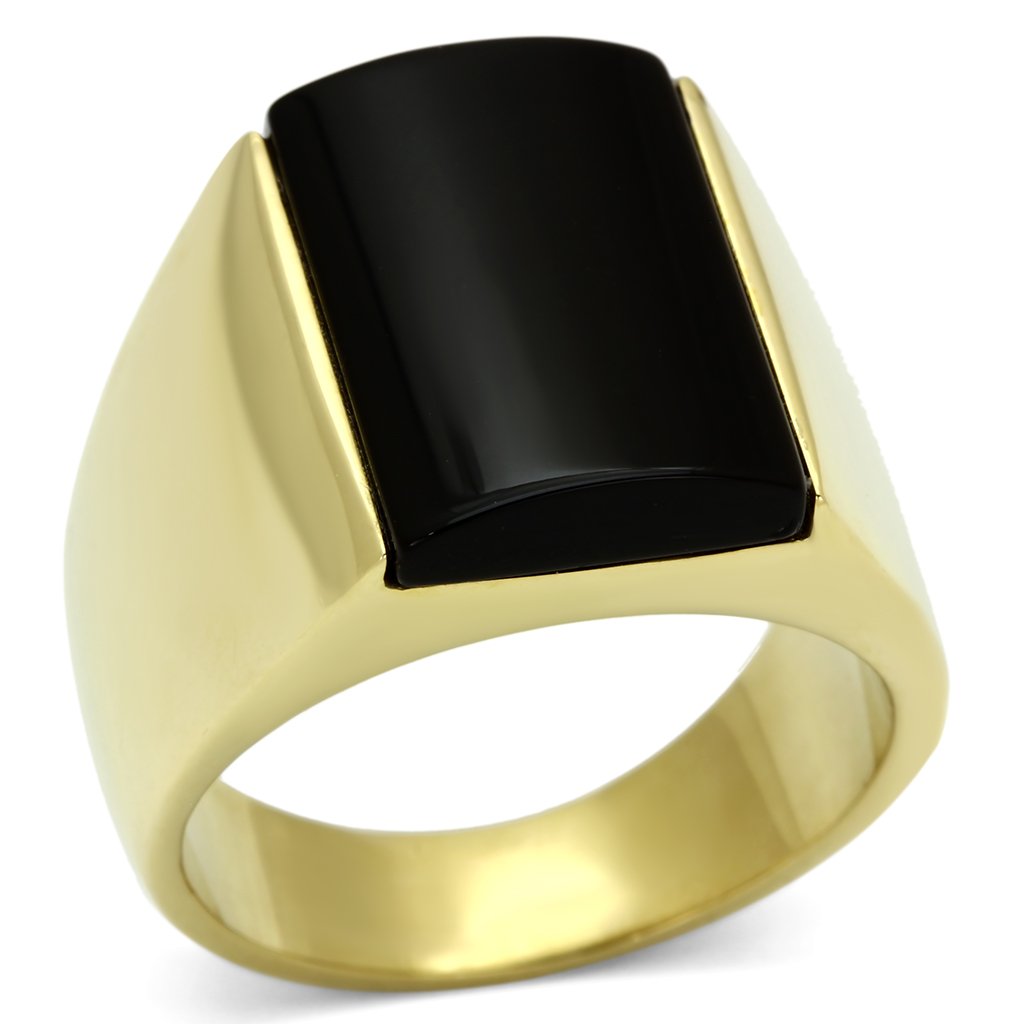 JCE726 IP Gold(Ion Plating) Stainless Steel Ring with Semi-Precious Onyx in Jet