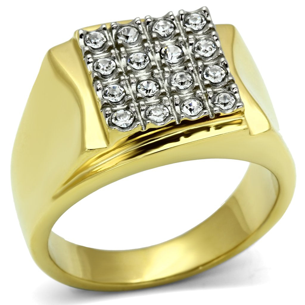 JCE751 Two-Tone IP Gold (Ion Plating) Stainless Steel Ring with Top Grade Crystal  in Clear
