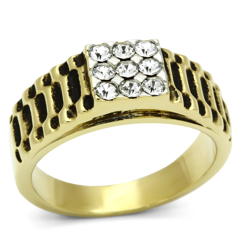 JCE753 Two-Tone IP Gold (Ion Plating) Stainless Steel Ring with Top Grade Crystal  in Clear
