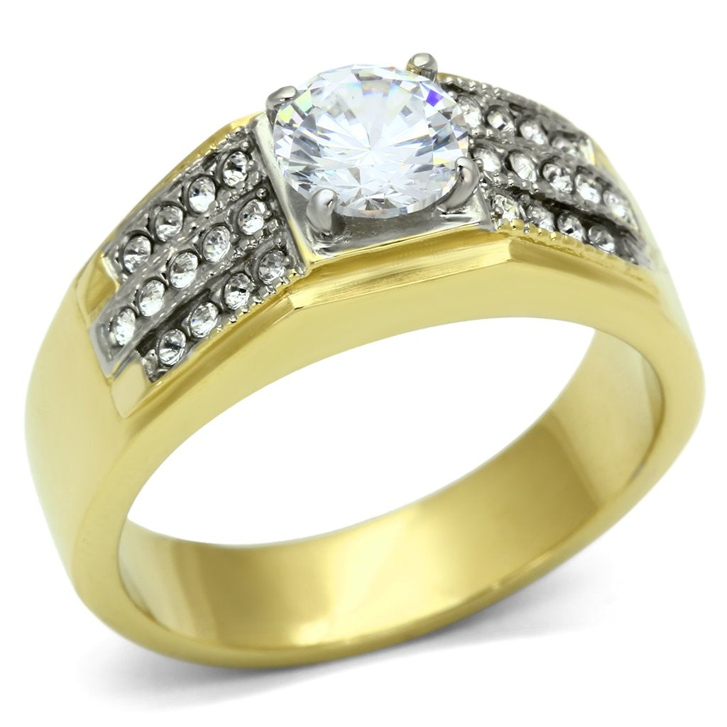 JCE759 Two-Tone IP Gold (Ion Plating) Stainless Steel Ring with AAA Grade CZ  in Clear