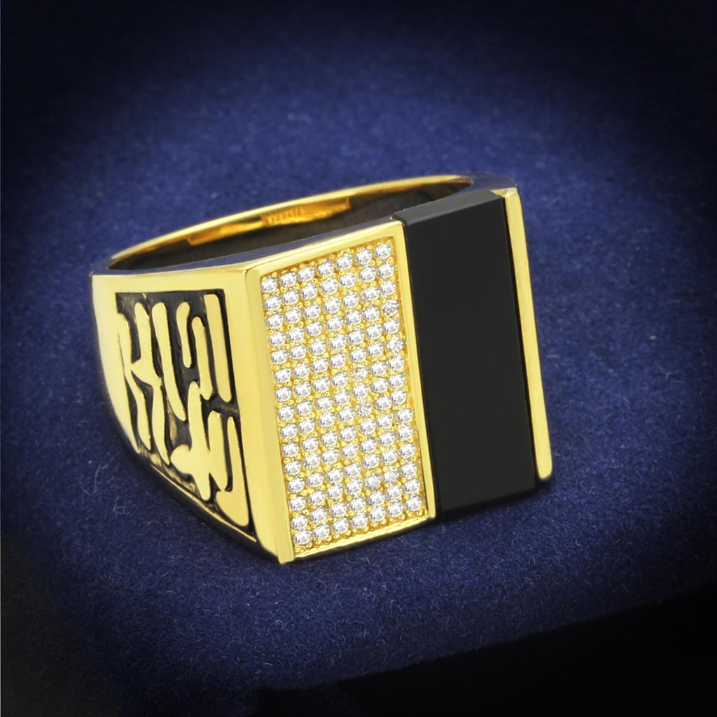JCE236 Gold 925 Sterling Silver Ring with Semi-Precious Onyx in Jet