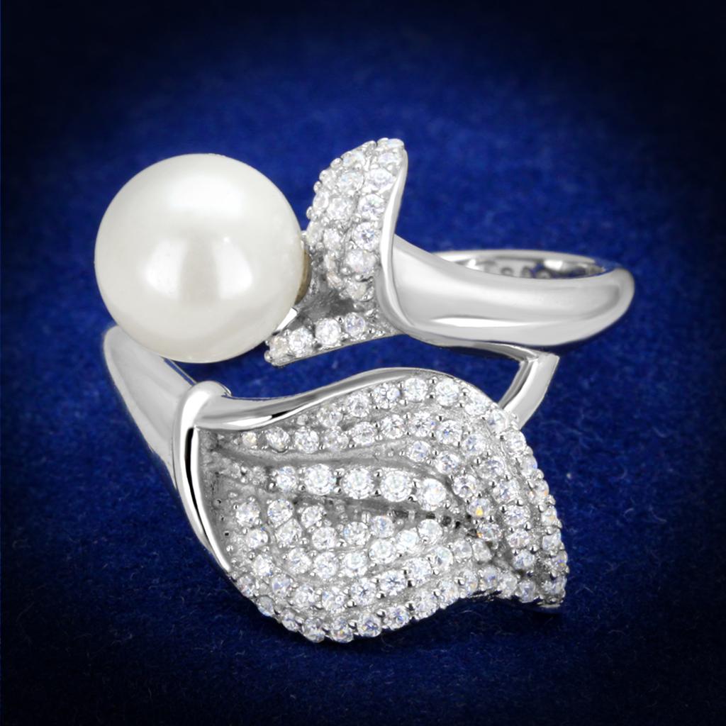 JCE329 Rhodium 925 Sterling Silver Ring with Synthetic Pearl in White
