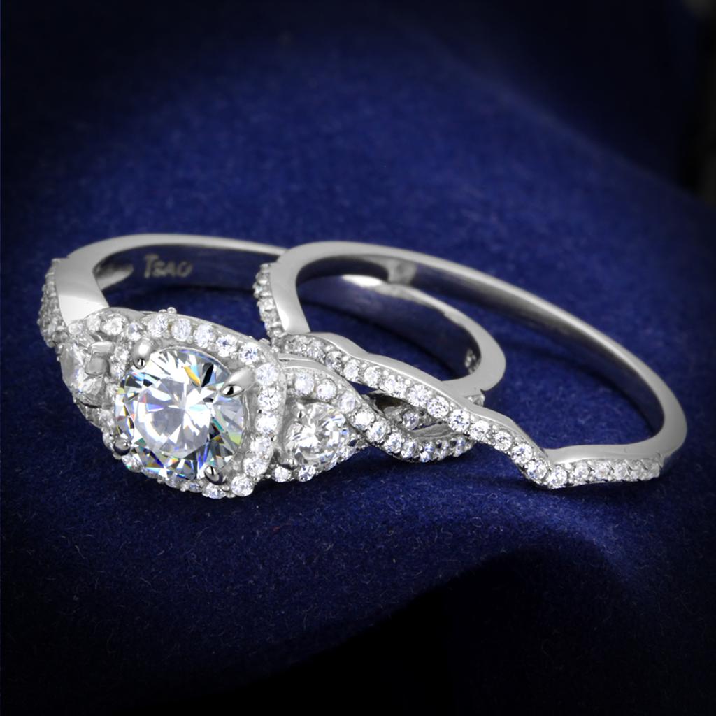 JCE352 Rhodium 925 Sterling Silver Ring with AAA Grade CZ  in Clear