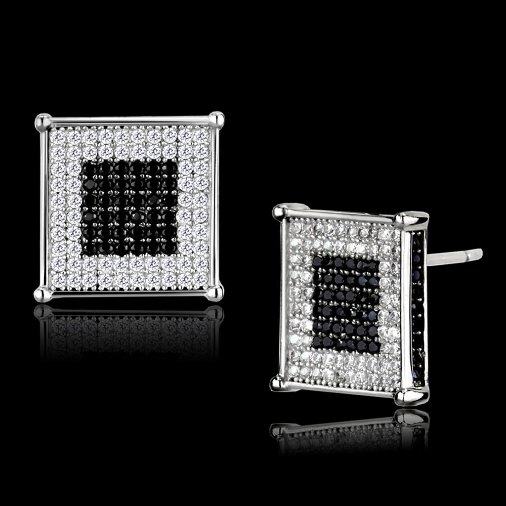 JCE481 Rhodium + Ruthenium 925 Sterling Silver Earrings with AAA Grade CZ  in Black Diamond